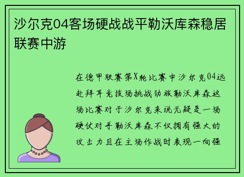 沙尔克04客场硬战战平勒沃库森稳居联赛中游
